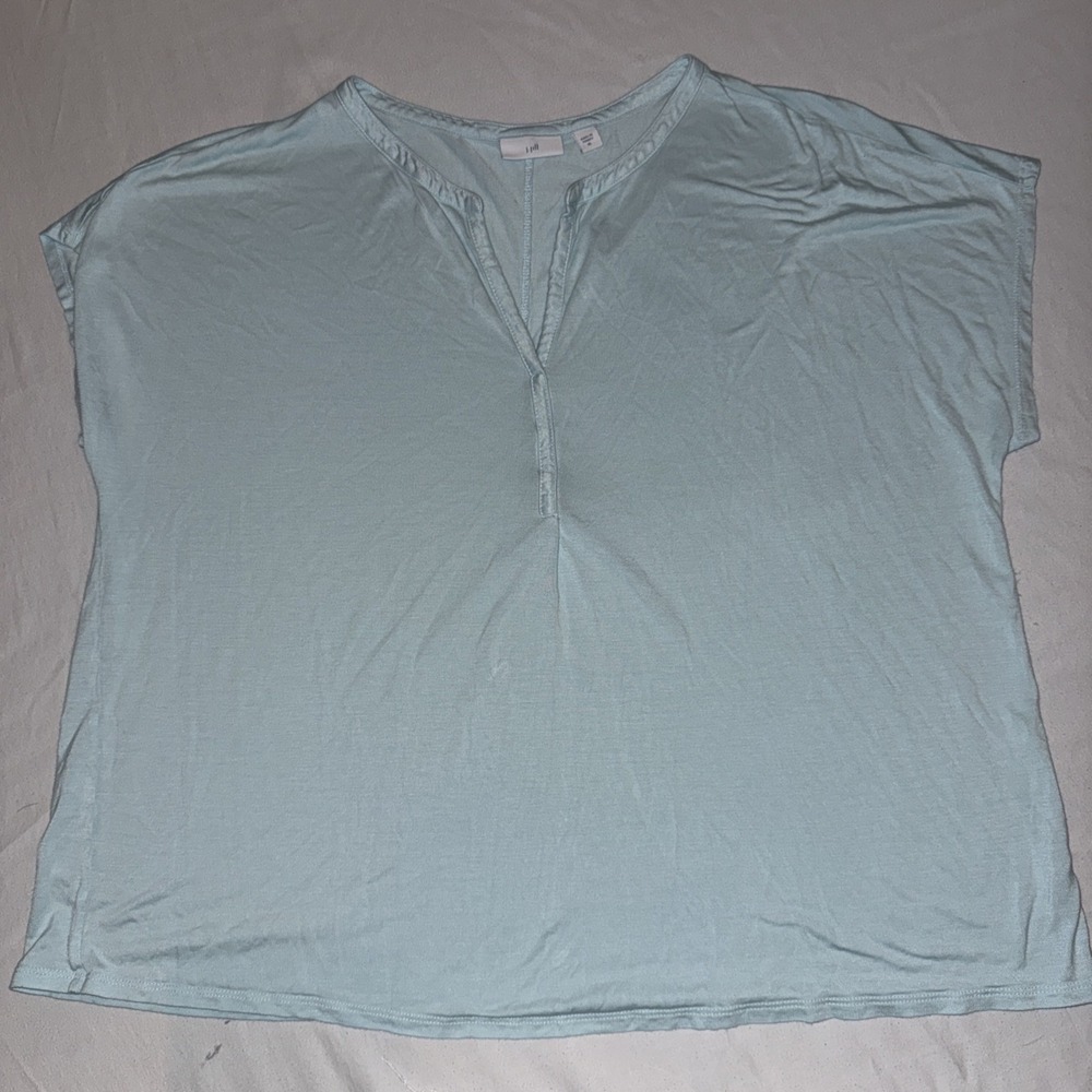 J. Jill Womens XL Blue Short Sleeve Split V-Neck Rayon Blouse Pullover Top